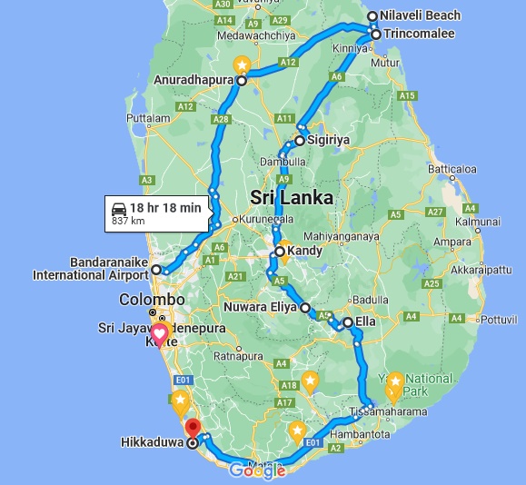 Mapa Anuradhapura – Nilaweli plaża i nurkowanie – Trincomalee – Sigiriya - Kandy - Nuwara Ellia – przejazd pociągiem - Ella – plaża i nurkowanie.